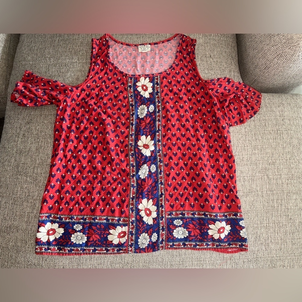 St. John's Bay Red and Blue Floral cold shoulder Blouse
